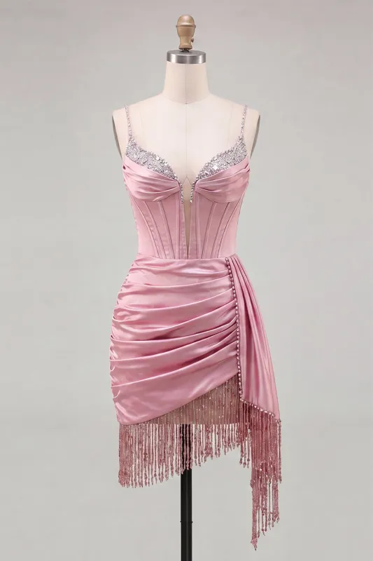 Pink Bodycon Corset Ruched Fringed Beaded Short Homecoming Dress with Sash made by Zapaka