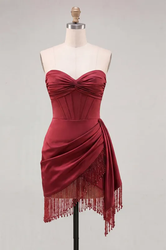 Burgundy Bodycon Sweetheart Corset Ruched Fringed Lace Up Back Homecoming Dress made by Zapaka
