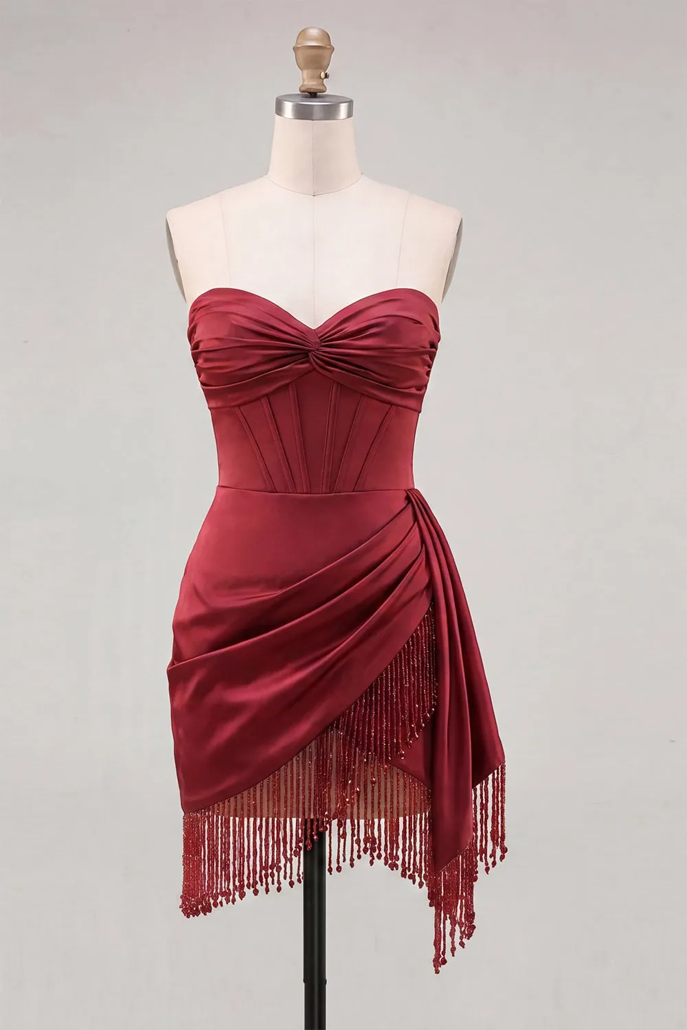 Burgundy Bodycon Sweetheart Corset Ruched Fringed Lace Up Back Homecoming Dress sold by Zapaka