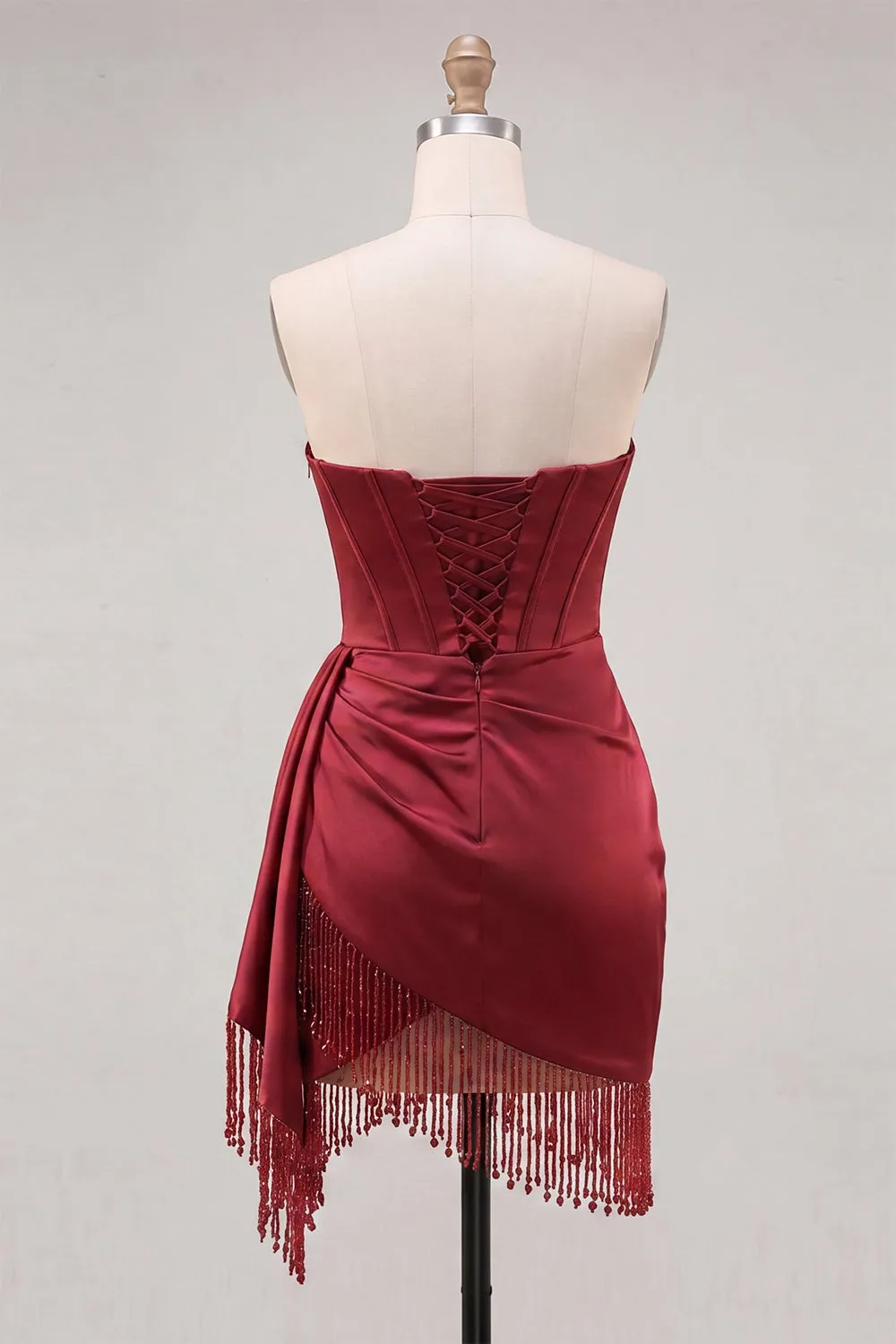 Burgundy Bodycon Sweetheart Corset Ruched Fringed Lace Up Back Homecoming Dress sold by Zapaka product image thumbnail 2