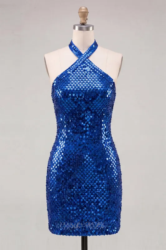 Sparkly Royal Blue Bodycon Halter Neck Sequins Short Homecoming Dress with Open Back made by Zapaka