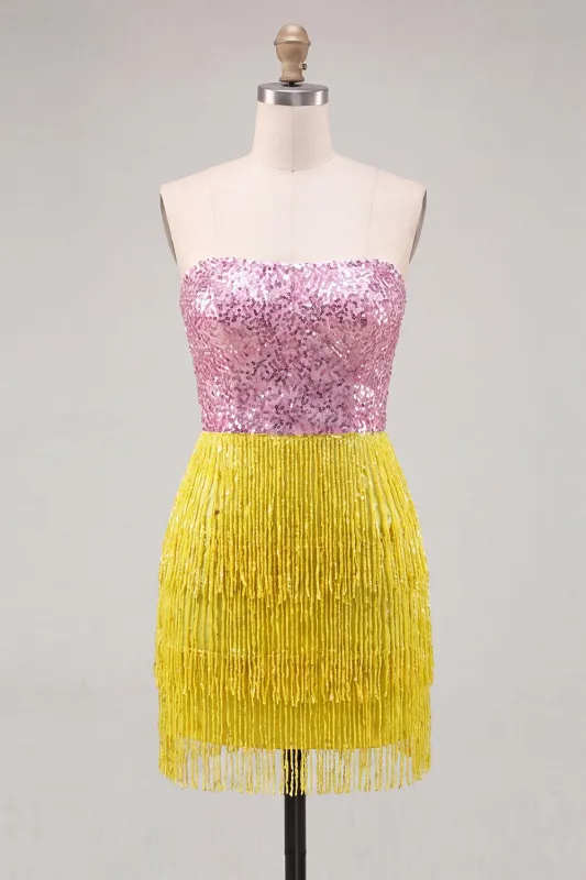 Fuchsia Strapless Sequins Bodycon Cocktail Dress with Fringes made by Zapaka