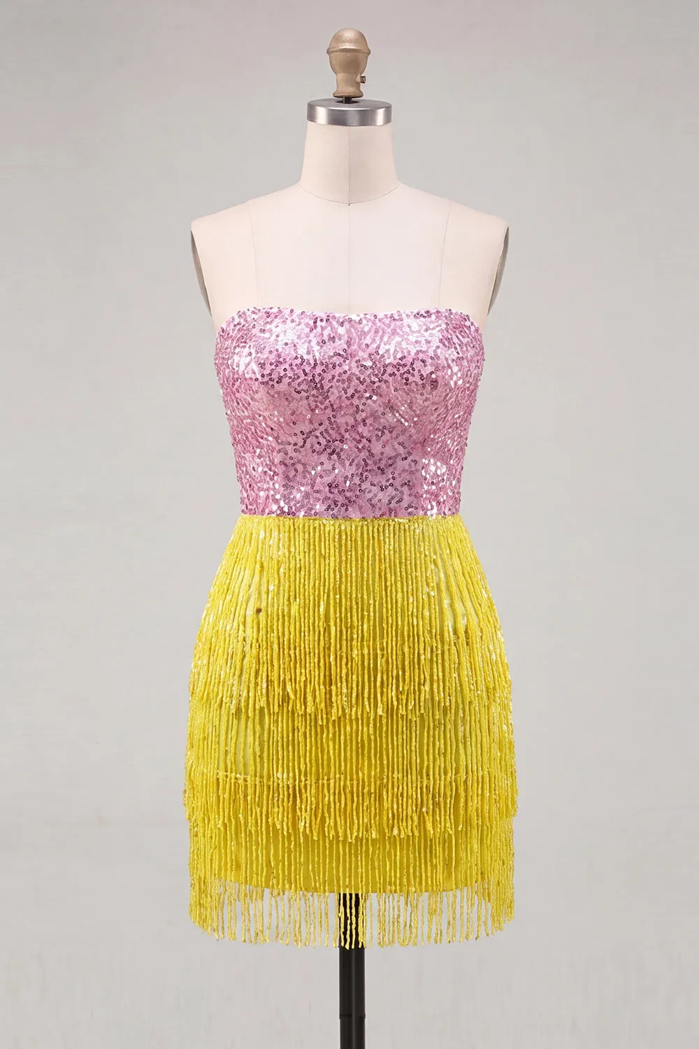 Fuchsia Strapless Sequins Bodycon Cocktail Dress with Fringes sold by Zapaka
