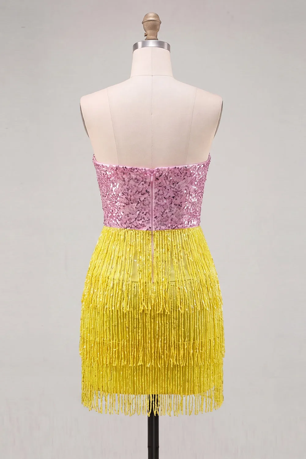 Fuchsia Strapless Sequins Bodycon Cocktail Dress with Fringes sold by Zapaka product image thumbnail 2