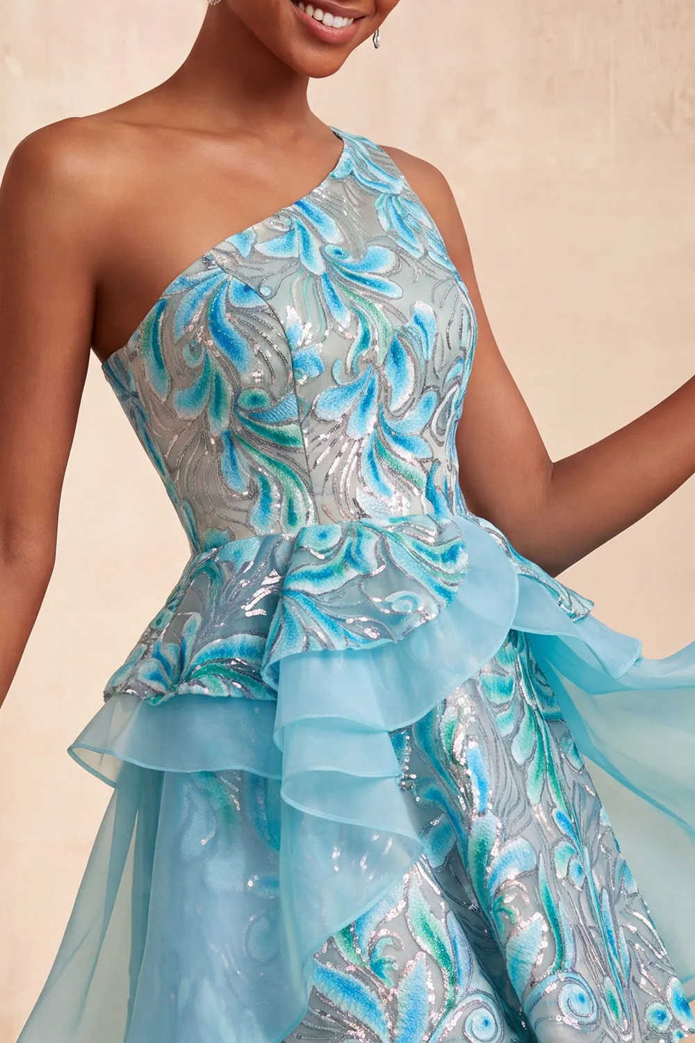 Light Blue A-Line One Shoulder Sequins Ruffled Homecoming Dress with Lace Up Back sold by Zapaka product image thumbnail 5