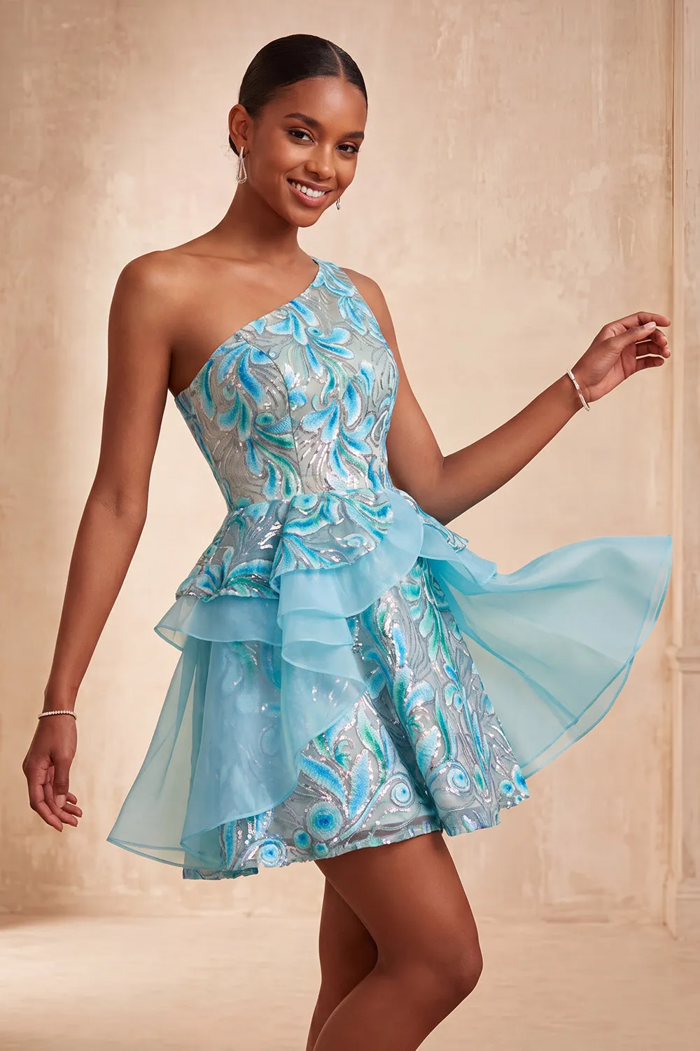 Light Blue A-Line One Shoulder Sequins Ruffled Homecoming Dress with Lace Up Back sold by Zapaka product image thumbnail 3