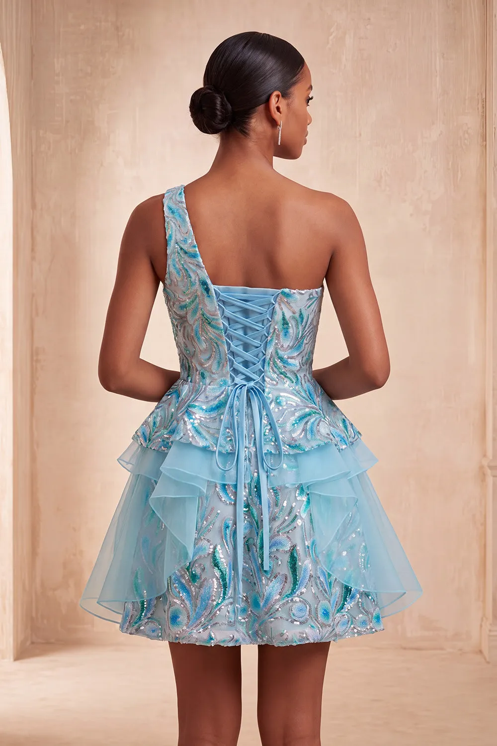 Light Blue A-Line One Shoulder Sequins Ruffled Homecoming Dress with Lace Up Back sold by Zapaka product image thumbnail 4