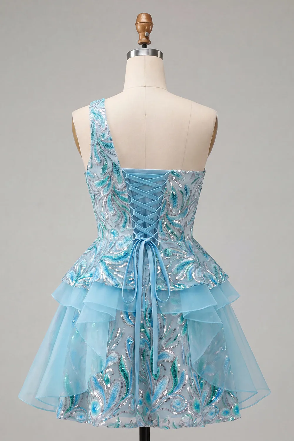 Light Blue A-Line One Shoulder Sequins Ruffled Homecoming Dress with Lace Up Back sold by Zapaka product image thumbnail 2