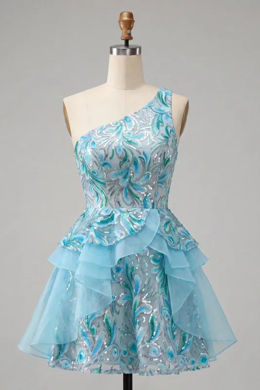 Light Blue A-Line One Shoulder Sequins Ruffled Homecoming Dress with Lace Up Back made by Zapaka