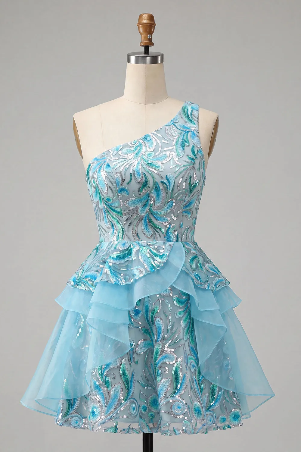 Light Blue A-Line One Shoulder Sequins Ruffled Homecoming Dress with Lace Up Back sold by Zapaka