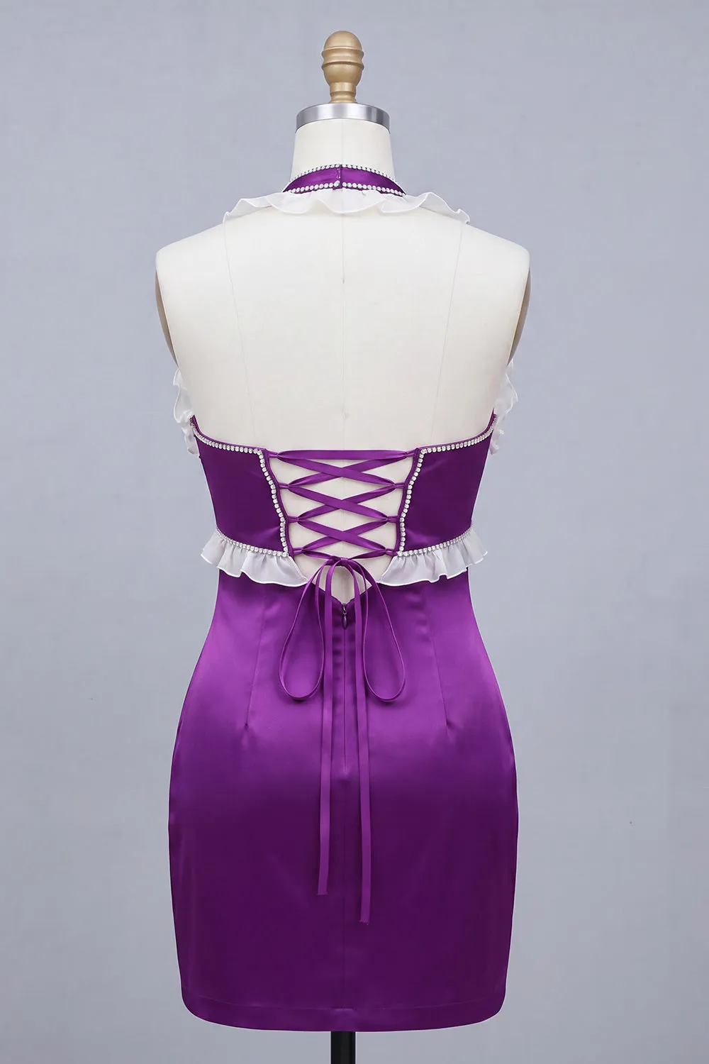 Satin Purple Bodycon Beaded Halter Neck Short Homecoming Dress with Lace Up Back sold by Zapaka product image thumbnail 2