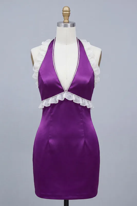 Satin Purple Bodycon Beaded Halter Neck Short Homecoming Dress with Lace Up Back made by Zapaka