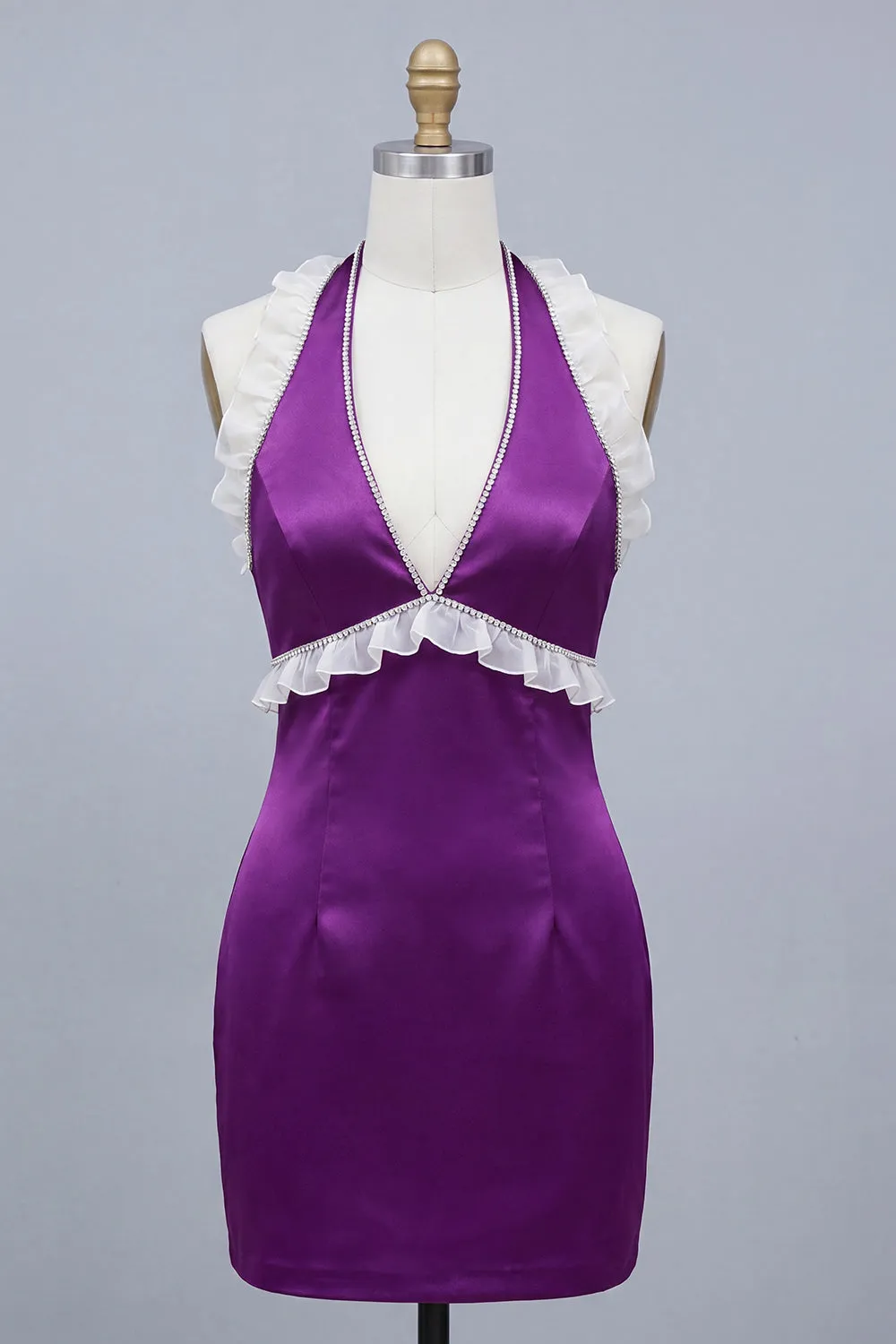 Satin Purple Bodycon Beaded Halter Neck Short Homecoming Dress with Lace Up Back sold by Zapaka