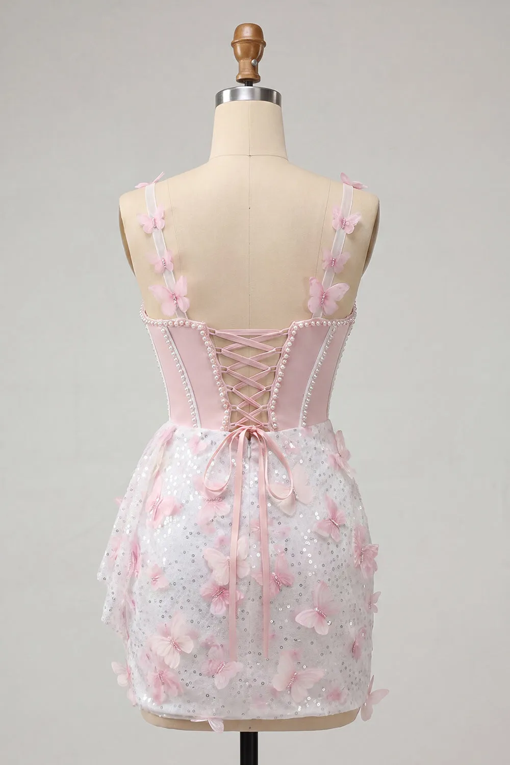 Pink Seashell Bust Corset Bodycon Pearls Homecoming Dress with 3D Butterfly Appliqués sold by Zapaka product image thumbnail 2