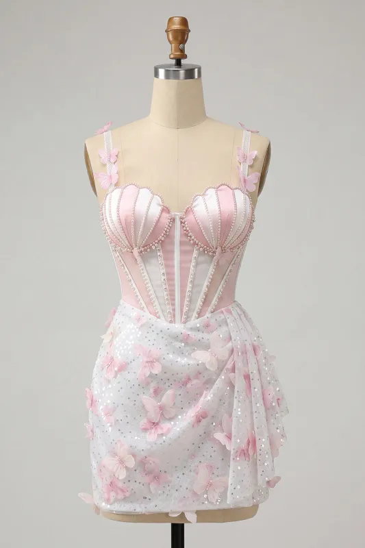 Pink Seashell Bust Corset Bodycon Pearls Homecoming Dress with 3D Butterfly Appliqués made by Zapaka