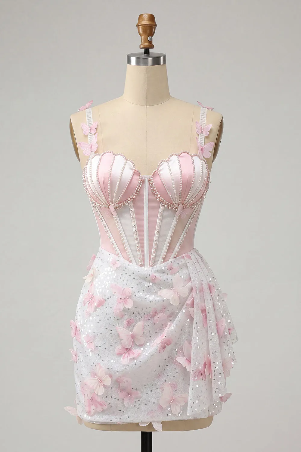 Pink Seashell Bust Corset Bodycon Pearls Homecoming Dress with 3D Butterfly Appliqués sold by Zapaka