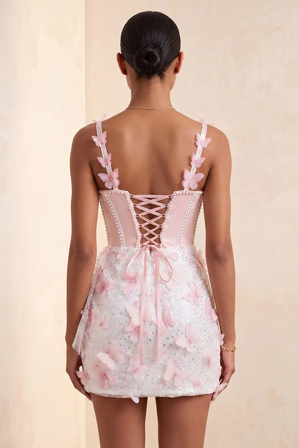 Pink Seashell Bust Corset Bodycon Pearls Homecoming Dress with 3D Butterfly Appliqués sold by Zapaka product image thumbnail 4