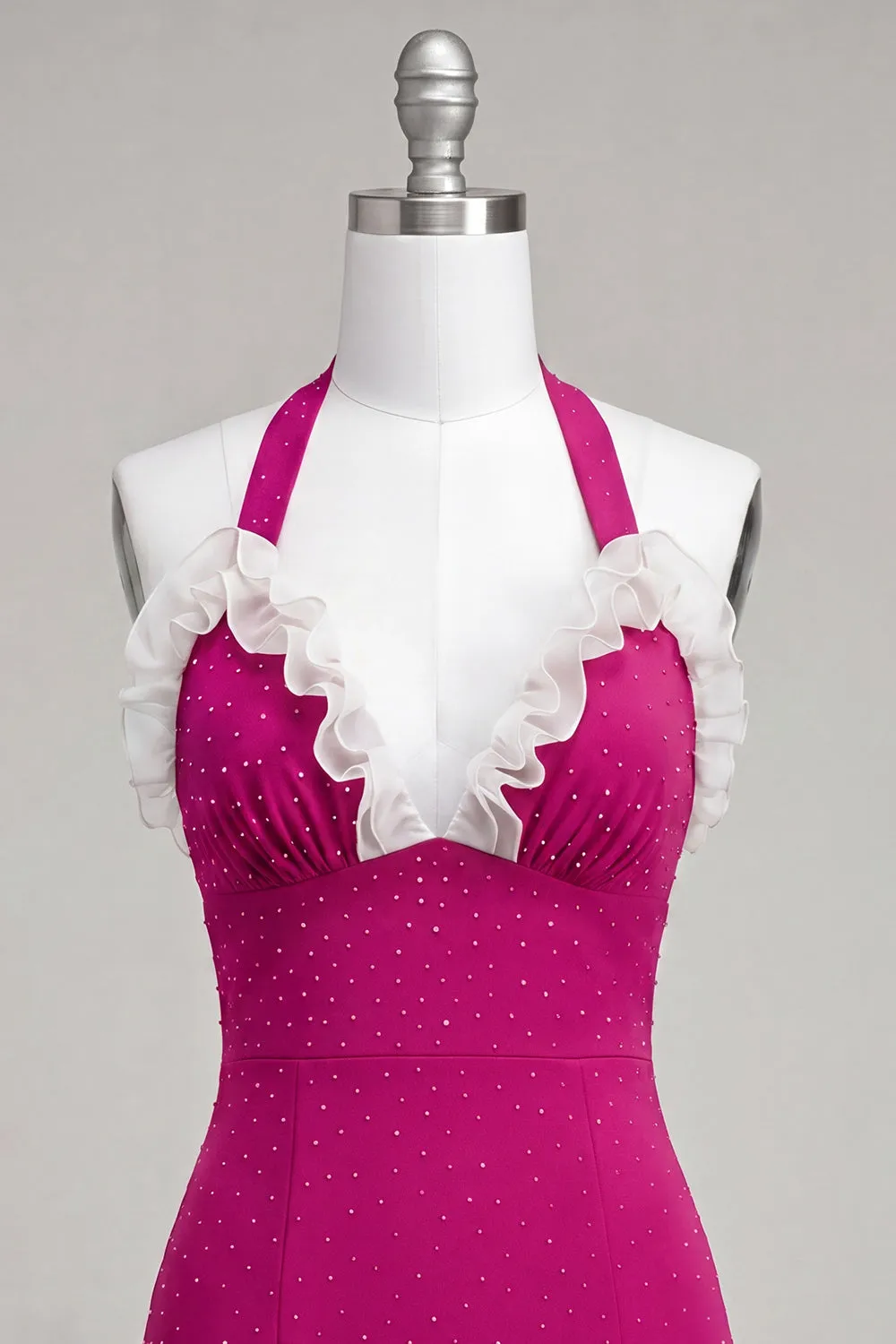 Fuchsia Bodycon Halter Neck Ruffled Lace Up Back Homecoming Dress with Beading sold by Zapaka product image thumbnail 5