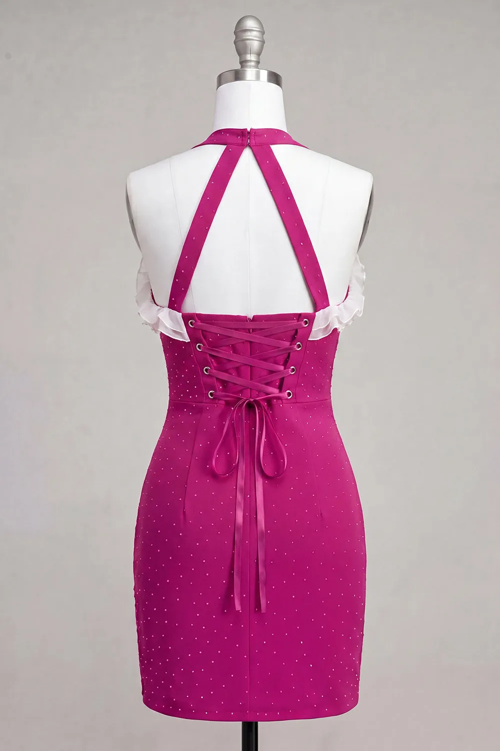 Fuchsia Bodycon Halter Neck Ruffled Lace Up Back Homecoming Dress with Beading sold by Zapaka product image thumbnail 2
