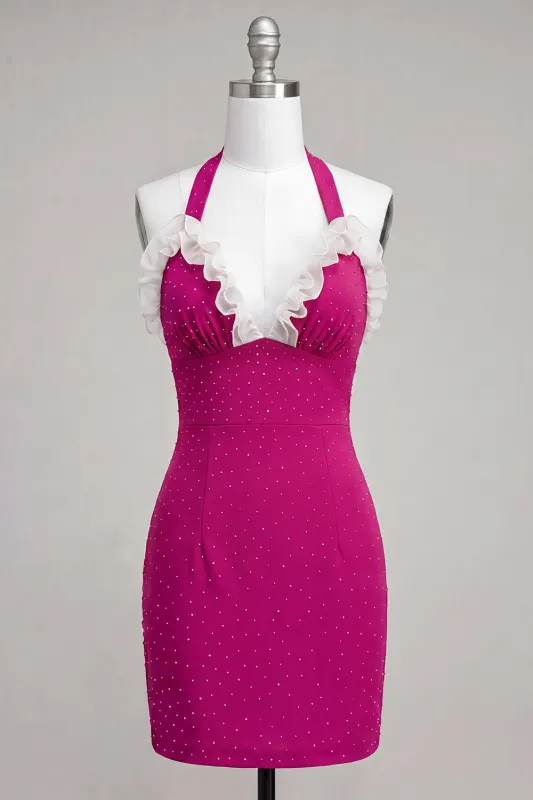 Fuchsia Bodycon Halter Neck Ruffled Lace Up Back Homecoming Dress with Beading made by Zapaka