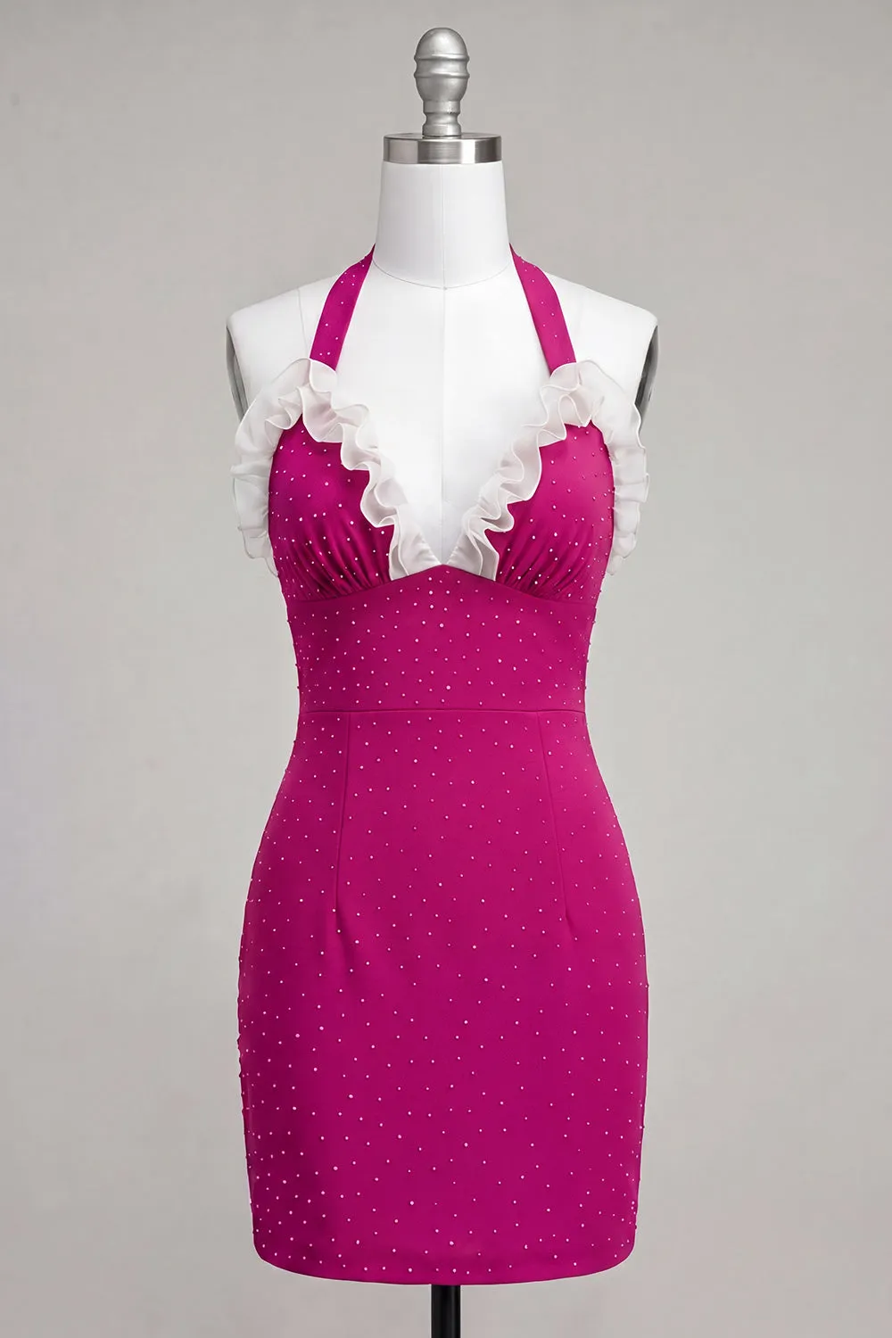 Fuchsia Bodycon Halter Neck Ruffled Lace Up Back Homecoming Dress with Beading sold by Zapaka
