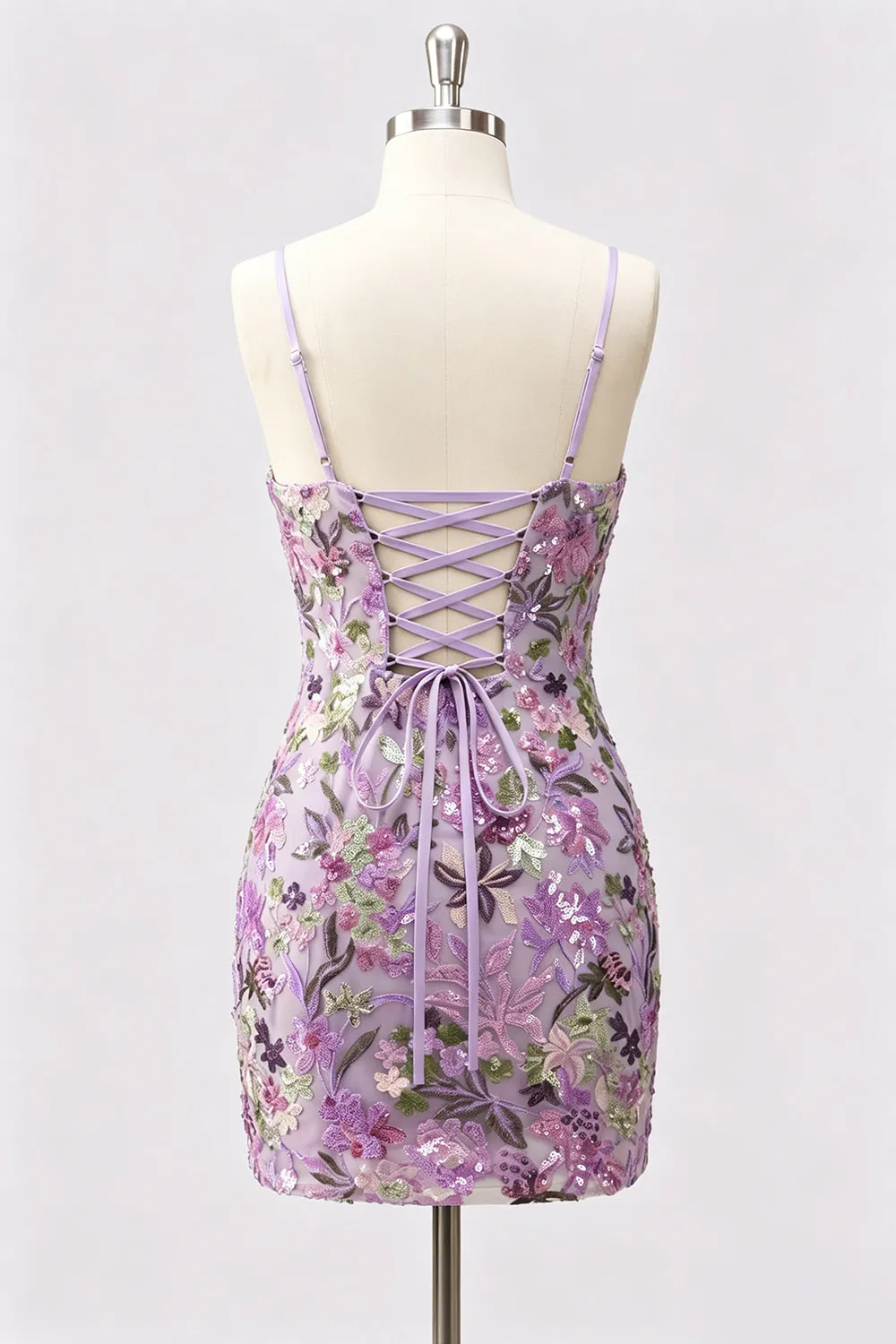 Lilac Bodycon Floral Embroidery Sequins Short Homecoming Dress with Lace Up Back sold by Zapaka product image thumbnail 2