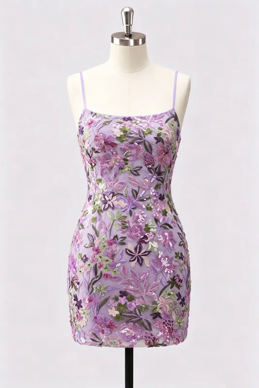 Lilac Bodycon Floral Embroidery Sequins Short Homecoming Dress with Lace Up Back made by Zapaka