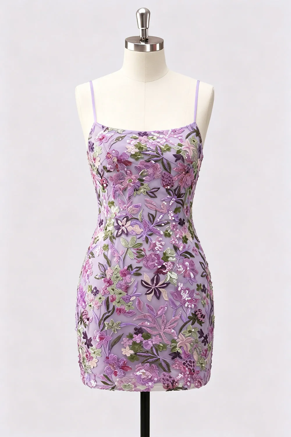 Lilac Bodycon Floral Embroidery Sequins Short Homecoming Dress with Lace Up Back sold by Zapaka