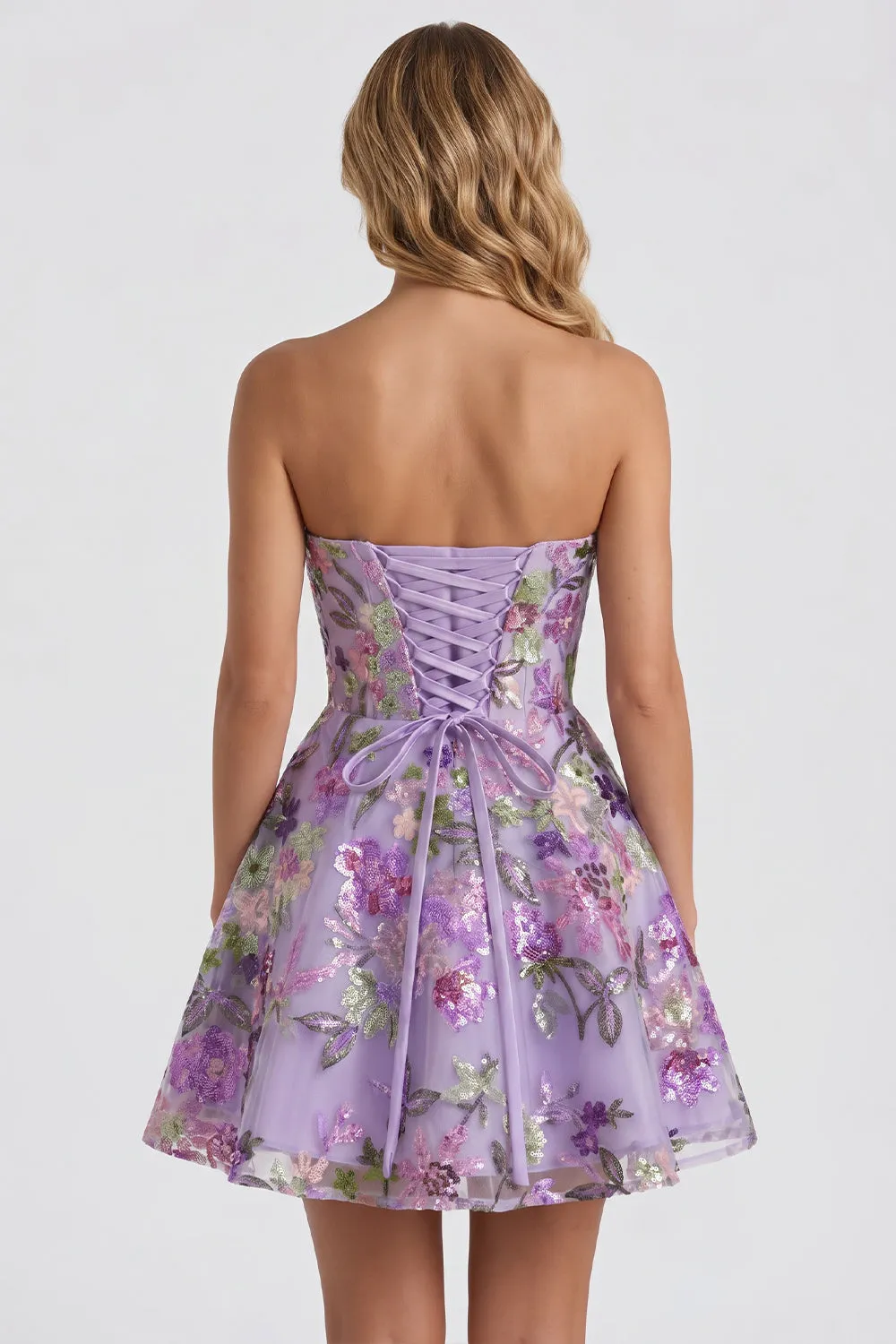 Lilac A-Line Sweetheart Floral Sequins Homecoming Dress with Lace Up Back sold by Zapaka product image thumbnail 4