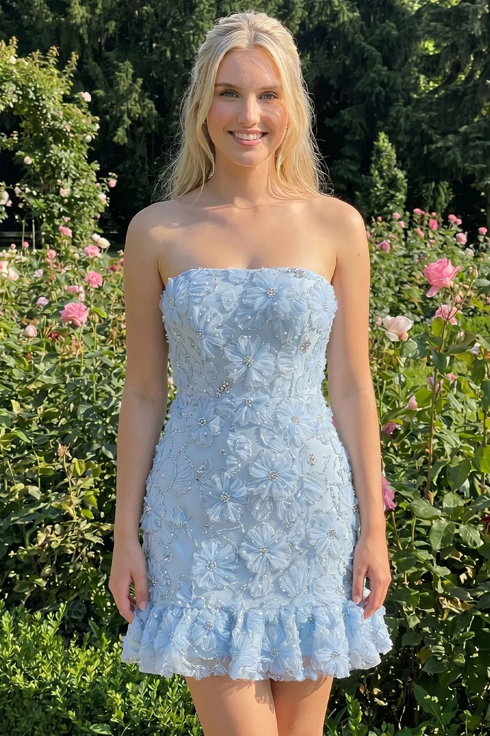 Light Blue Bodycon Strapless Ruffled Floral Beaded Homecoming Dress with Lace Up Back sold by Zapaka product image thumbnail 3