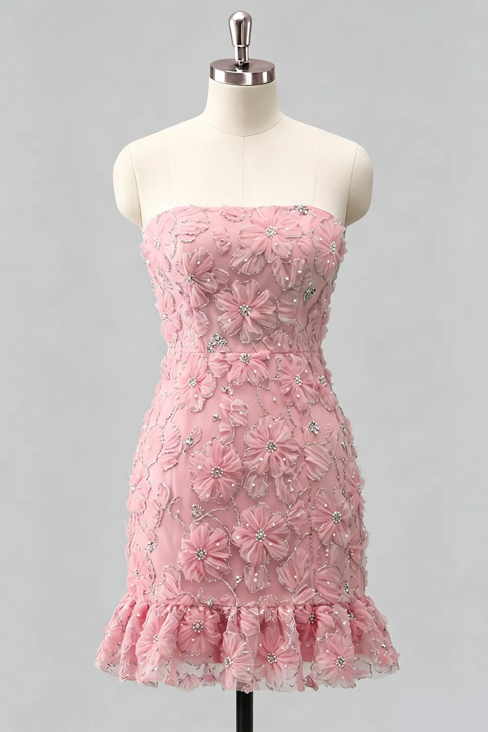 Light Blue Bodycon Strapless Ruffled Floral Beaded Homecoming Dress with Lace Up Back sold by Zapaka product image thumbnail 5