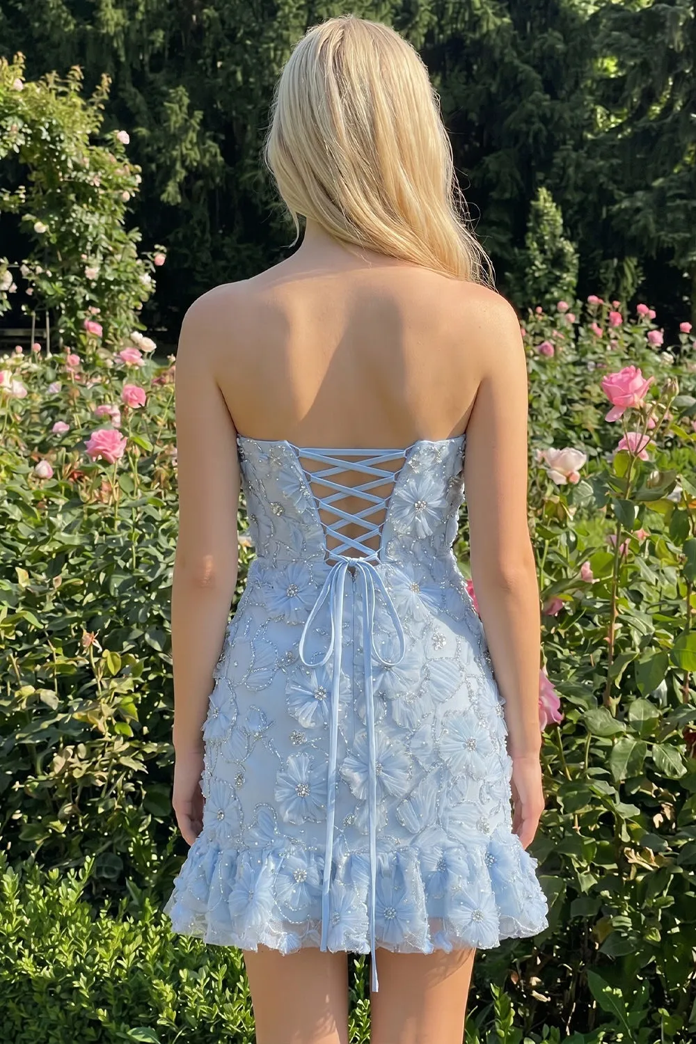 Light Blue Bodycon Strapless Ruffled Floral Beaded Homecoming Dress with Lace Up Back sold by Zapaka product image thumbnail 4