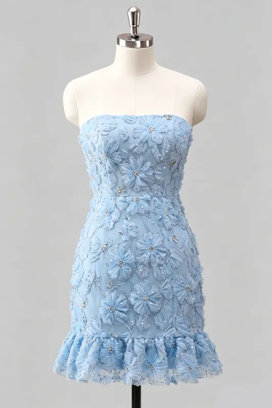 Light Blue Bodycon Strapless Ruffled Floral Beaded Homecoming Dress with Lace Up Back made by Zapaka