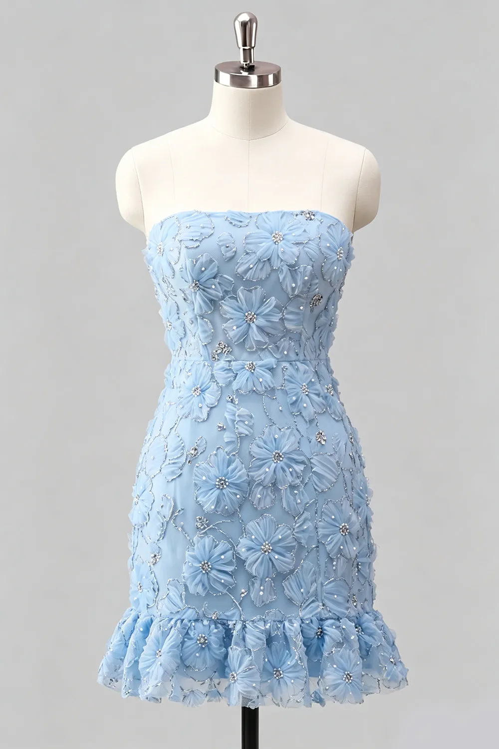 Light Blue Bodycon Strapless Ruffled Floral Beaded Homecoming Dress with Lace Up Back sold by Zapaka