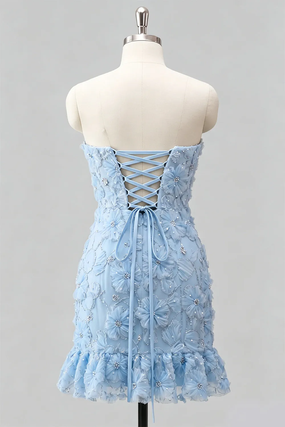 Light Blue Bodycon Strapless Ruffled Floral Beaded Homecoming Dress with Lace Up Back sold by Zapaka product image thumbnail 2