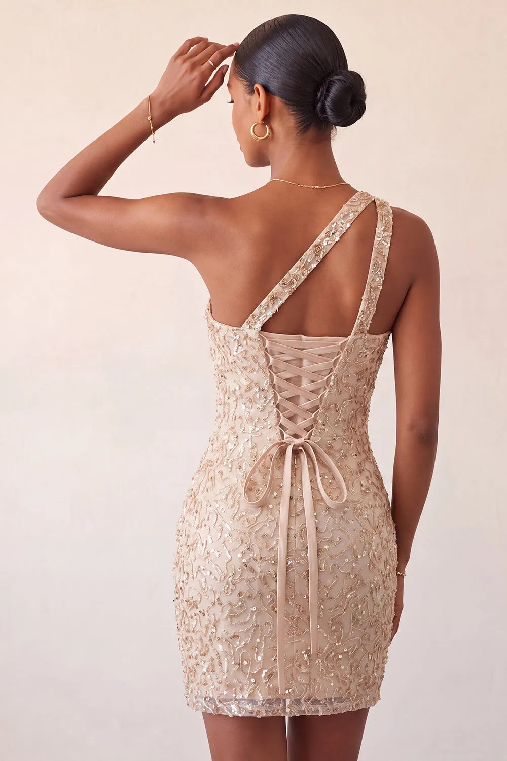 Champagne Bodycon One Shoulder Lace Up Back Homecoming Dress with Sequins sold by Zapaka product image thumbnail 3