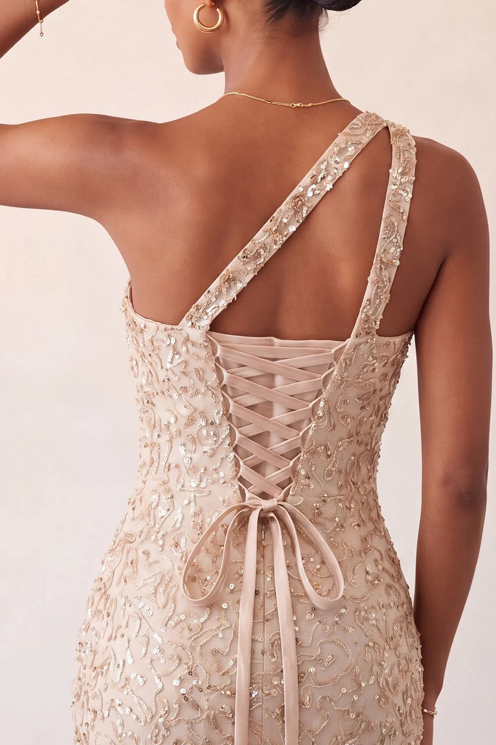 Champagne Bodycon One Shoulder Lace Up Back Homecoming Dress with Sequins sold by Zapaka product image thumbnail 5