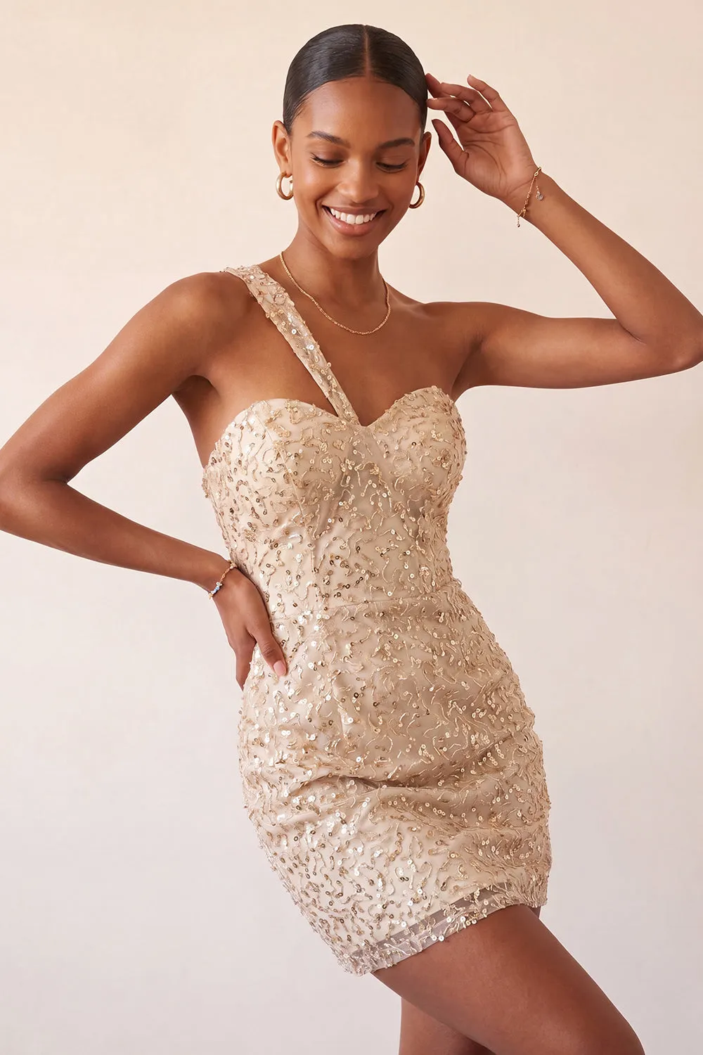 Champagne Bodycon One Shoulder Lace Up Back Homecoming Dress with Sequins sold by Zapaka product image thumbnail 2