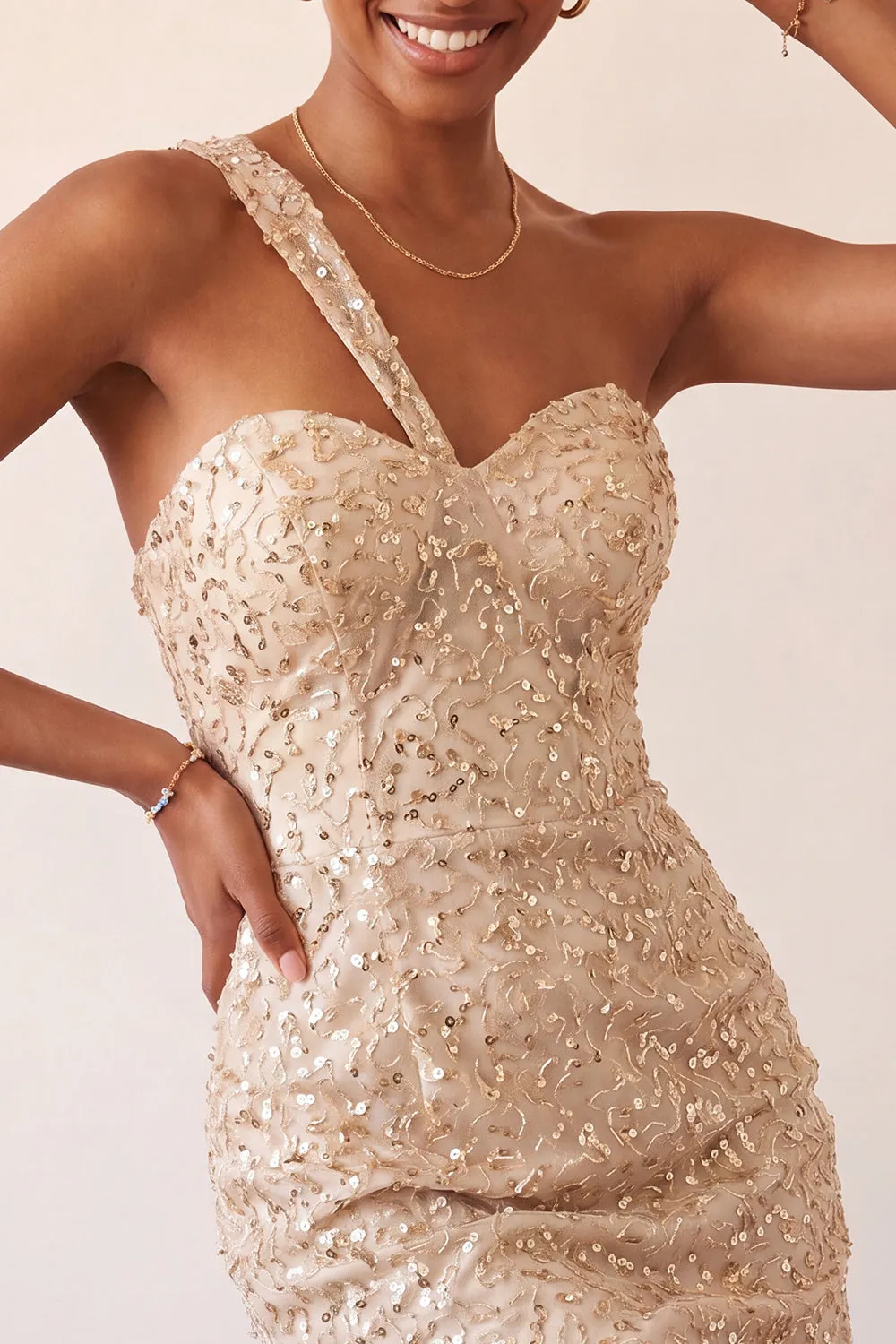 Champagne Bodycon One Shoulder Lace Up Back Homecoming Dress with Sequins sold by Zapaka product image thumbnail 4