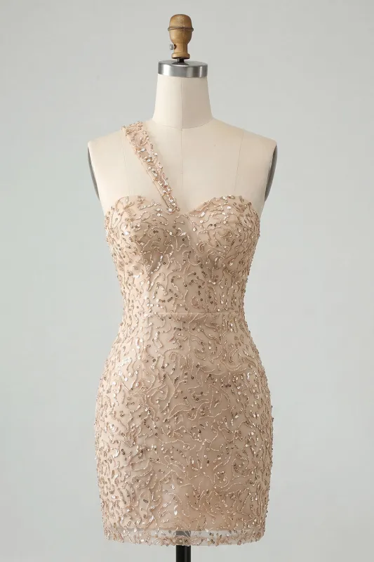 Champagne Bodycon One Shoulder Lace Up Back Homecoming Dress with Sequins made by Zapaka