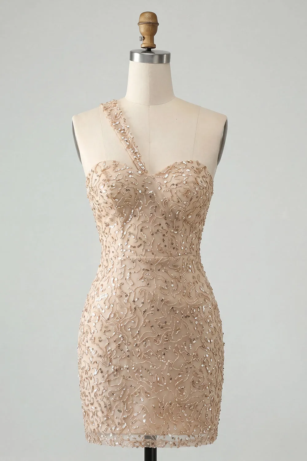Champagne Bodycon One Shoulder Lace Up Back Homecoming Dress with Sequins sold by Zapaka