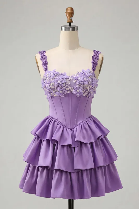 Light Purple A-Line Corset Tiered Lace Up Back Floral Homecoming Dress with Beading made by Zapaka