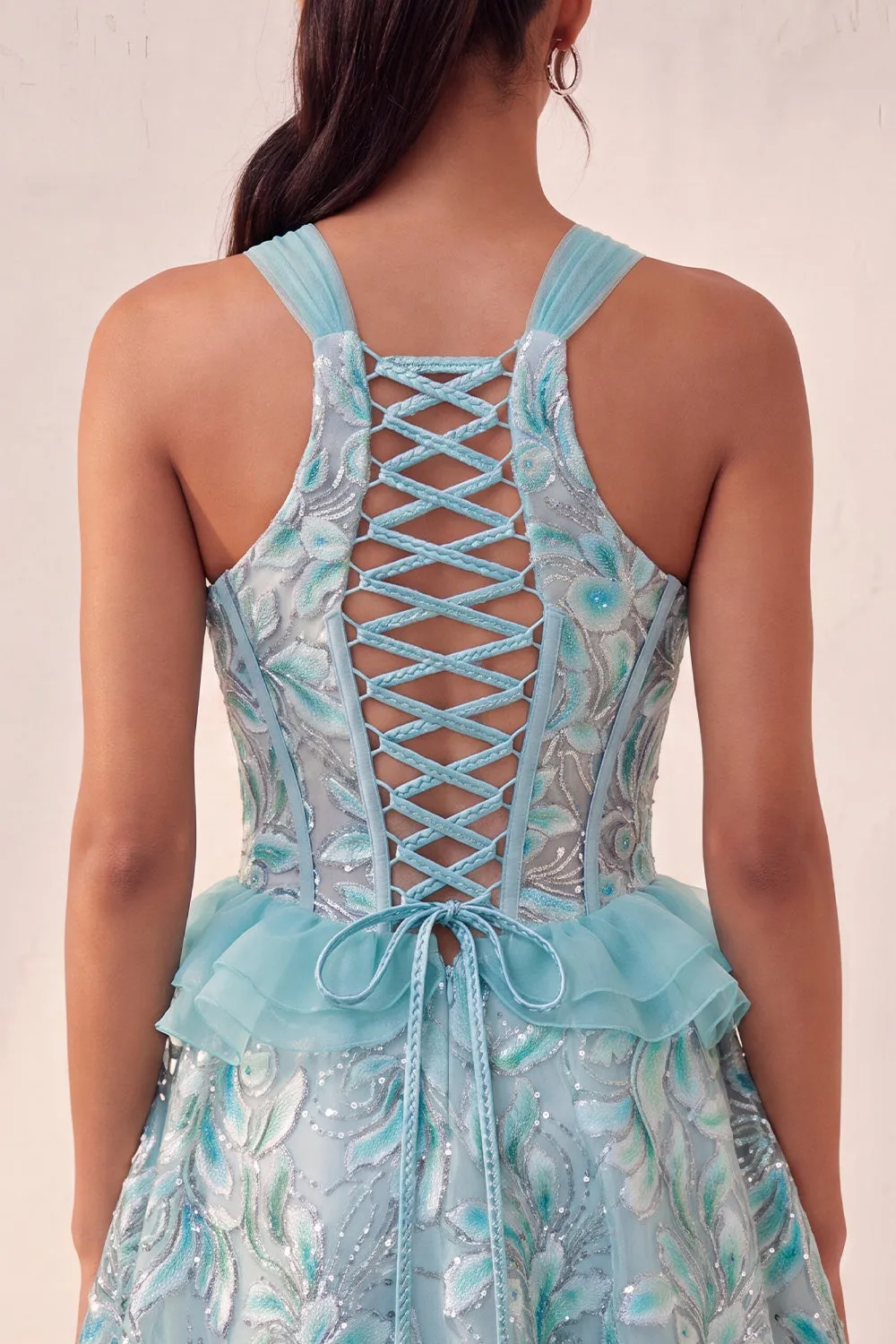 Lake Blue Corset Halter Neck Sequins A-Line Ruffle Lace Up Back Homecoming Dress sold by Zapaka product image thumbnail 5