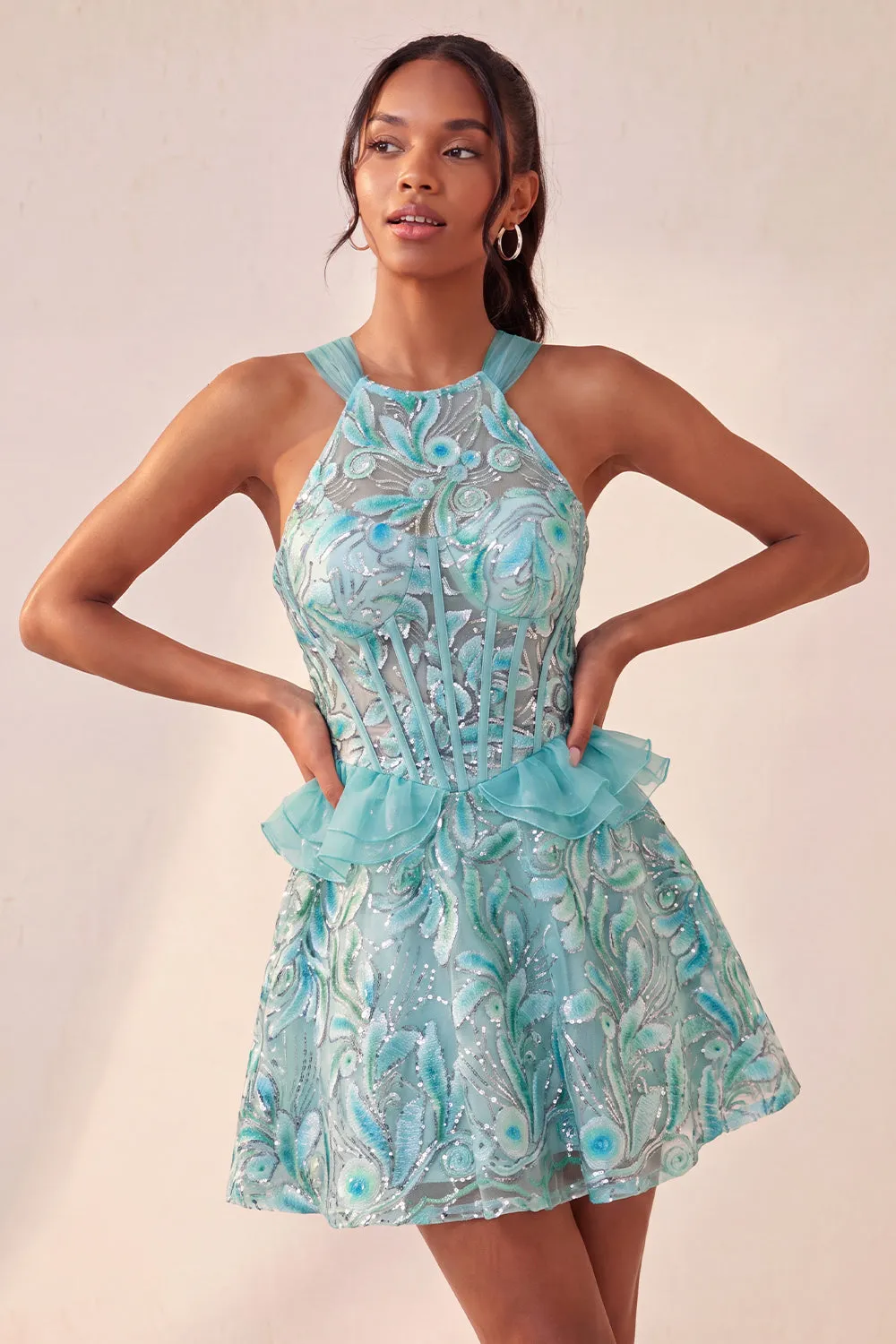 Lake Blue Corset Halter Neck Sequins A-Line Ruffle Lace Up Back Homecoming Dress sold by Zapaka product image thumbnail 2