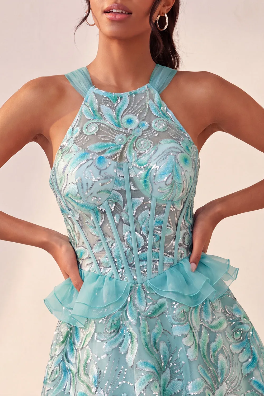 Lake Blue Corset Halter Neck Sequins A-Line Ruffle Lace Up Back Homecoming Dress sold by Zapaka product image thumbnail 4