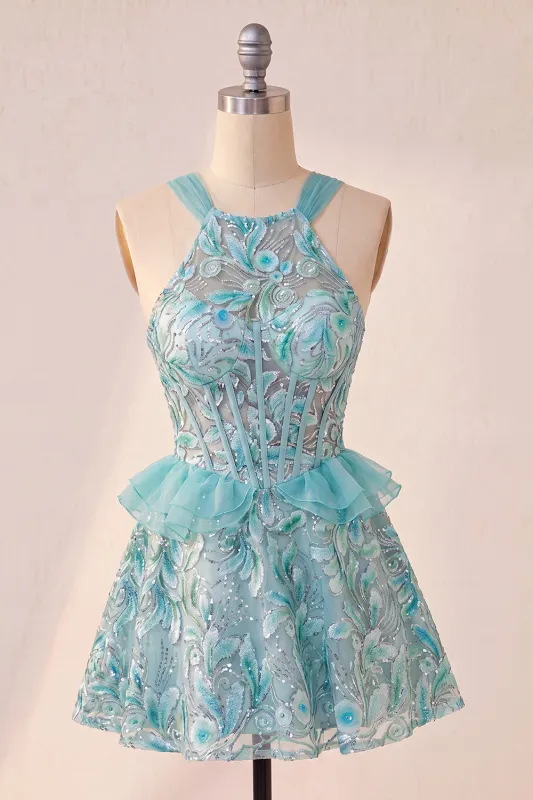 Lake Blue Corset Halter Neck Sequins A-Line Ruffle Lace Up Back Homecoming Dress made by Zapaka