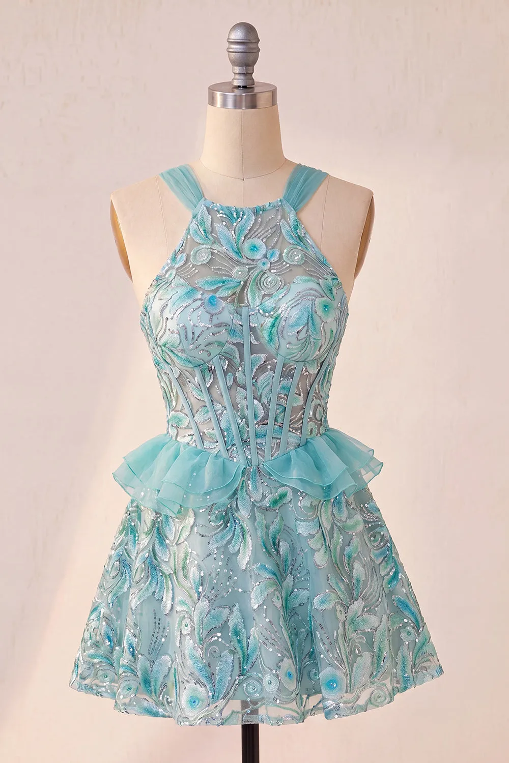 Lake Blue Corset Halter Neck Sequins A-Line Ruffle Lace Up Back Homecoming Dress sold by Zapaka