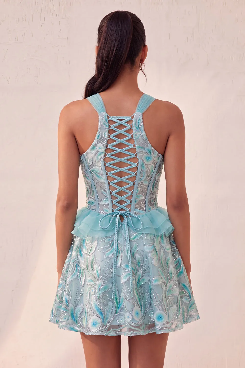Lake Blue Corset Halter Neck Sequins A-Line Ruffle Lace Up Back Homecoming Dress sold by Zapaka product image thumbnail 3