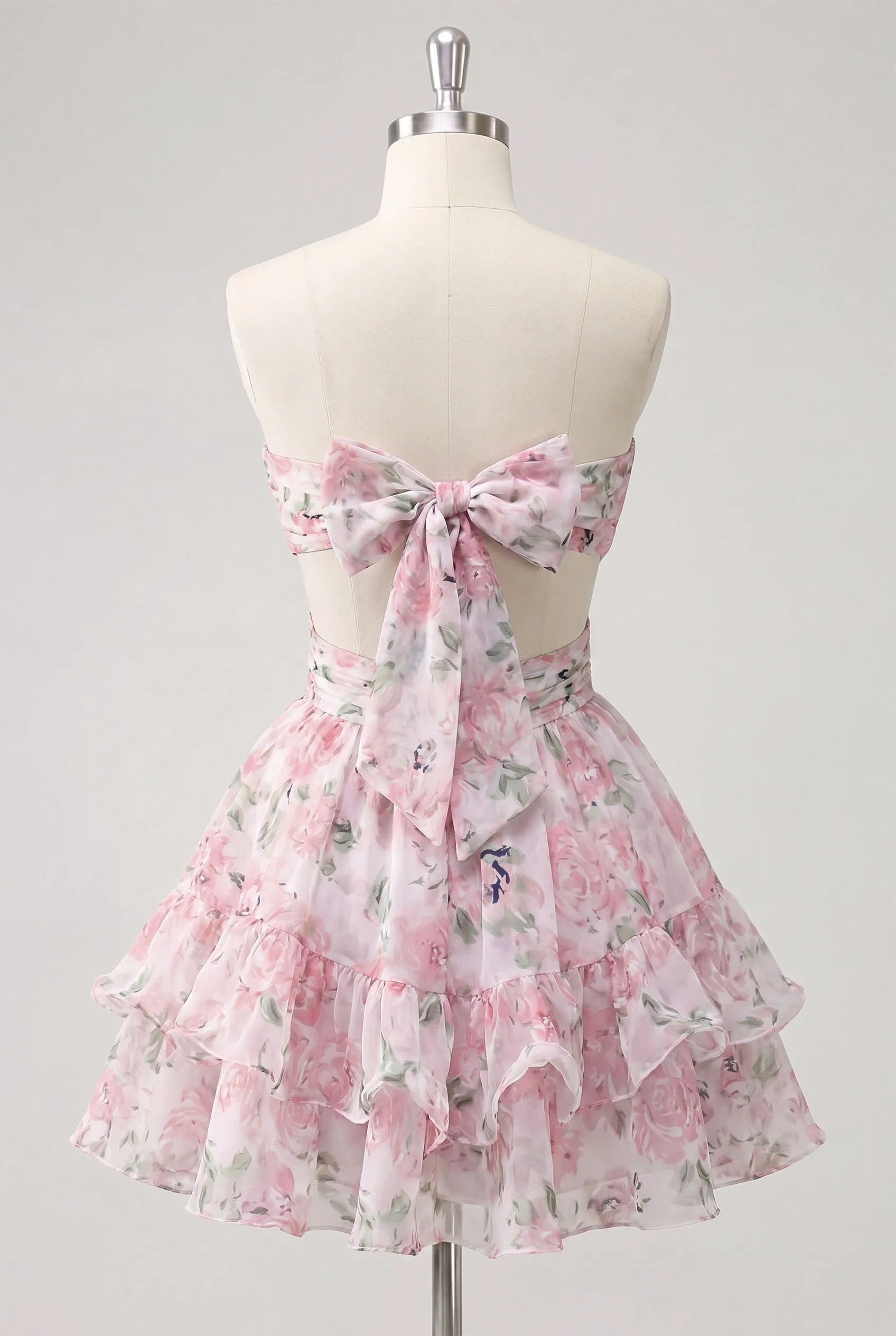 Sweetheart A-Line Pink Floral Ruched Tiered Ruffled Homecoming Dress with Bow sold by Zapaka product image thumbnail 2