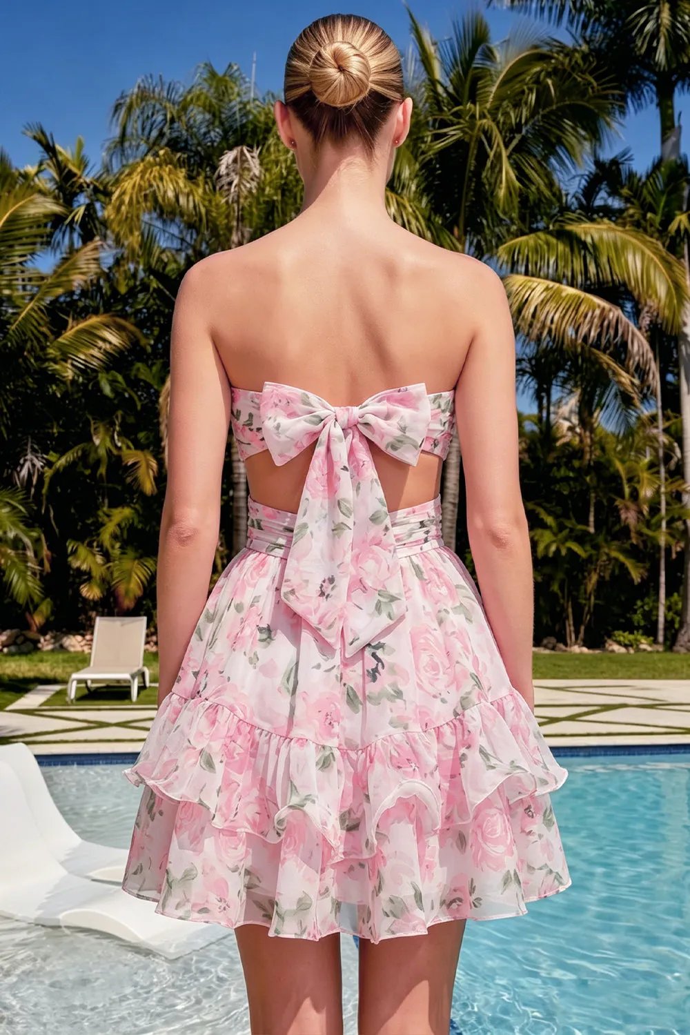 Sweetheart A-Line Pink Floral Ruched Tiered Ruffled Homecoming Dress with Bow sold by Zapaka product image thumbnail 4